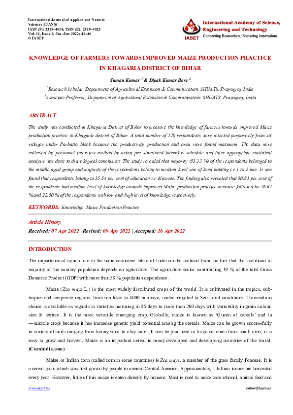 (PDF) KNOWLEDGE OF FARMERS TOWARDS IMPROVED MAIZE PRODUCTION PRACTICE ...