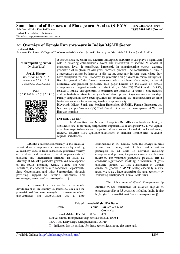 (PDF) An Overview of Female Entrepreneurs in Indian MSME Sector