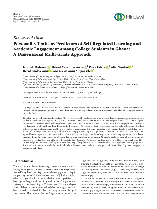 (PDF) Personality Traits as Predictors of Self-Regulated Learning and ...