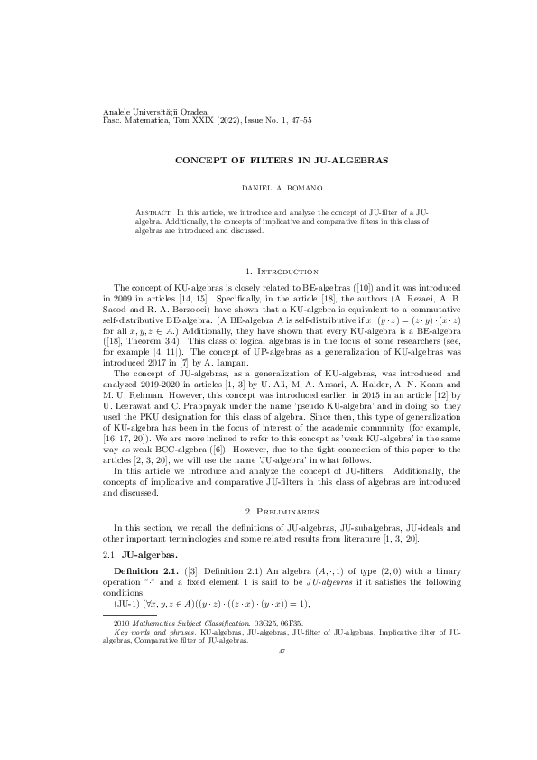 (PDF) CONCEPT OF FILTERS IN JU-ALGEBRAS