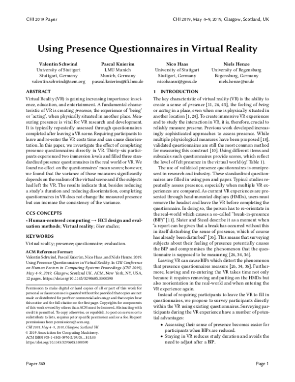 (PDF) Using Presence Questionnaires in Virtual Reality