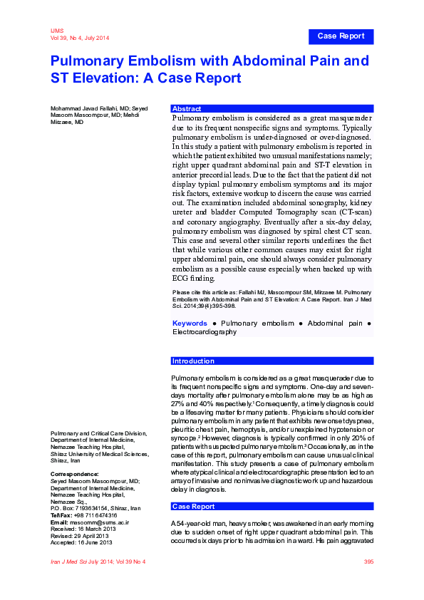 (PDF) Pulmonary Embolism with Abdominal Pain and ST Elevation: A Case ...