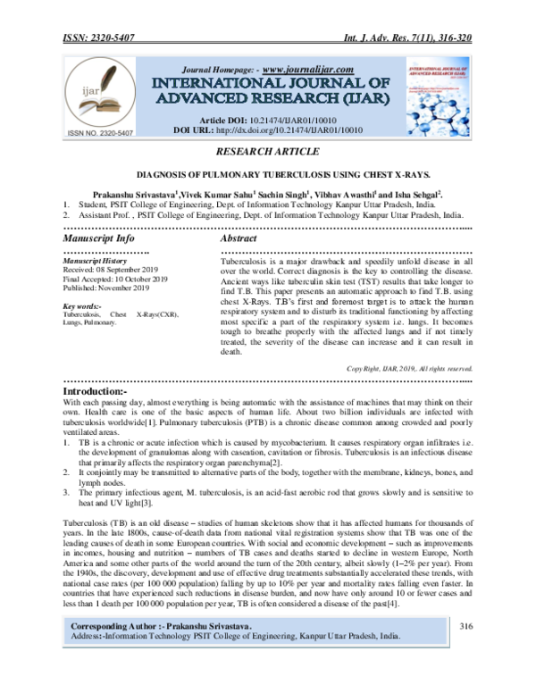 (PDF) Diagnosis of Pulmonary Tuberculosis Using Chest X-Rays