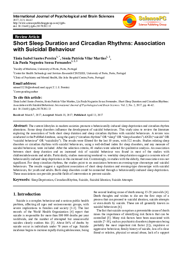 (PDF) Short Sleep Duration and Circadian Rhythms: Association with ...