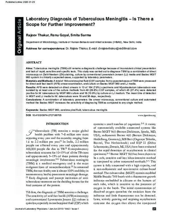 (PDF) Laboratory Diagnosis of Tuberculous Meningitis – Is There a Scope ...