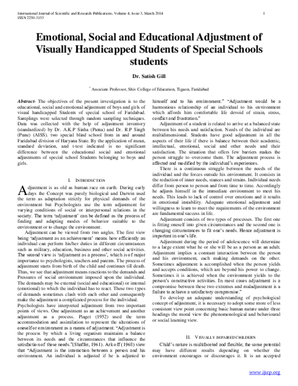 (PDF) Emotional , Social and Educational Adjustment of Visually ...