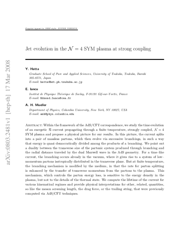 (PDF) Jet evolution in the 𝒩 = 4 SYM plasma at strong coupling