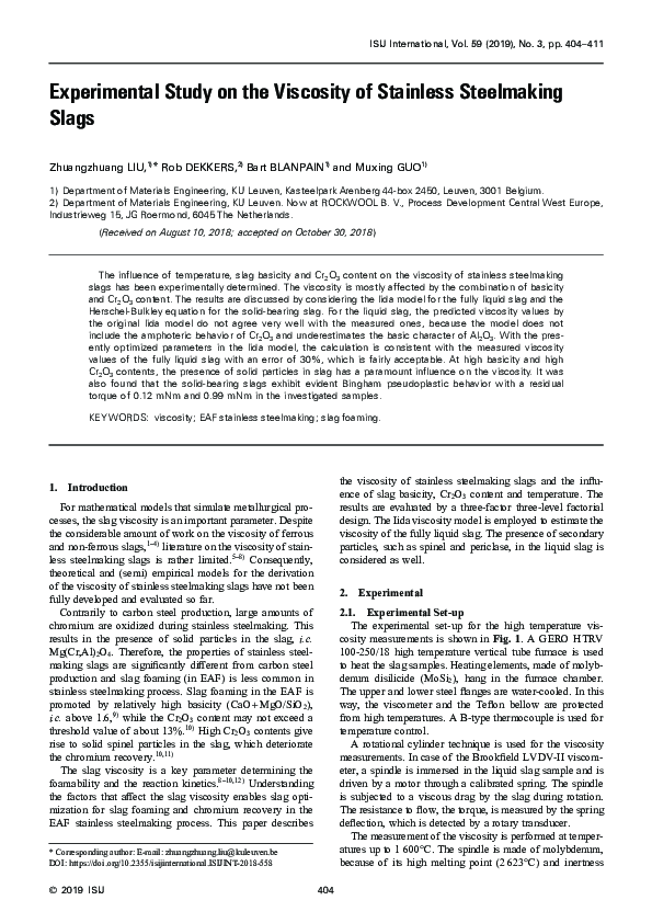 (PDF) Experimental Study on the Viscosity of Stainless Steelmaking Slags