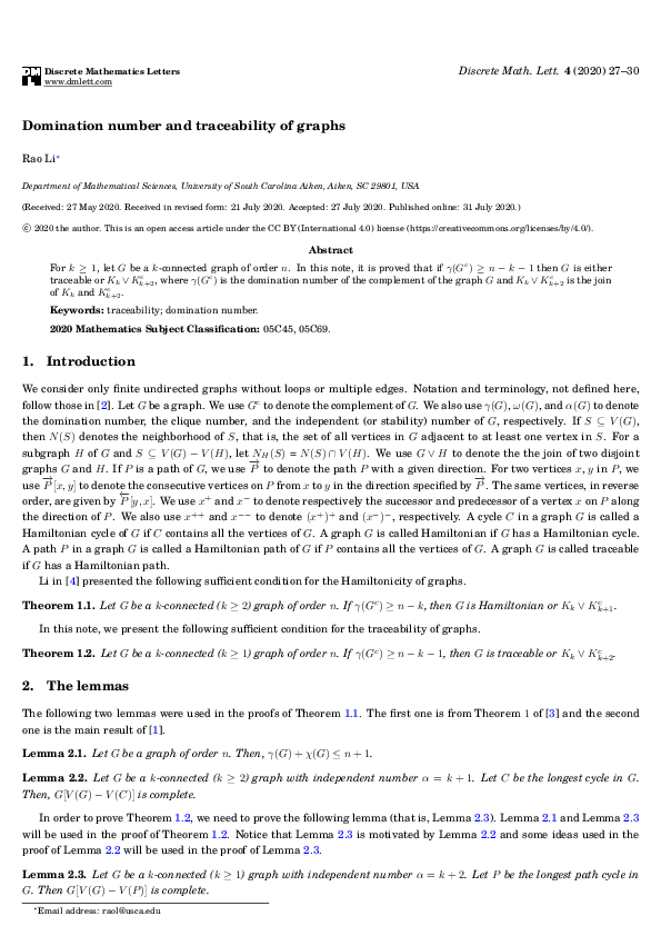 (PDF) Domination number and traceability of graphs