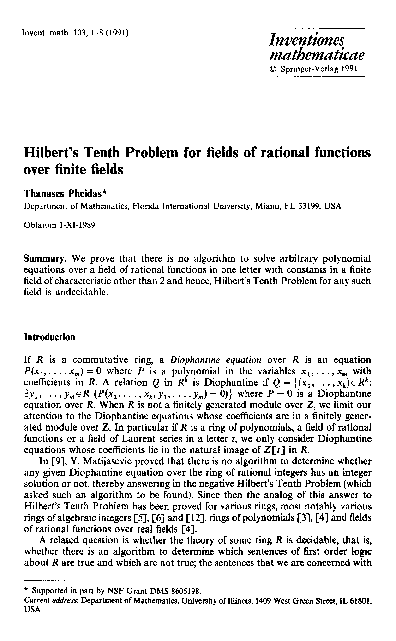 (PDF) Hilbert's Tenth Problem for fields of rational functions over ...