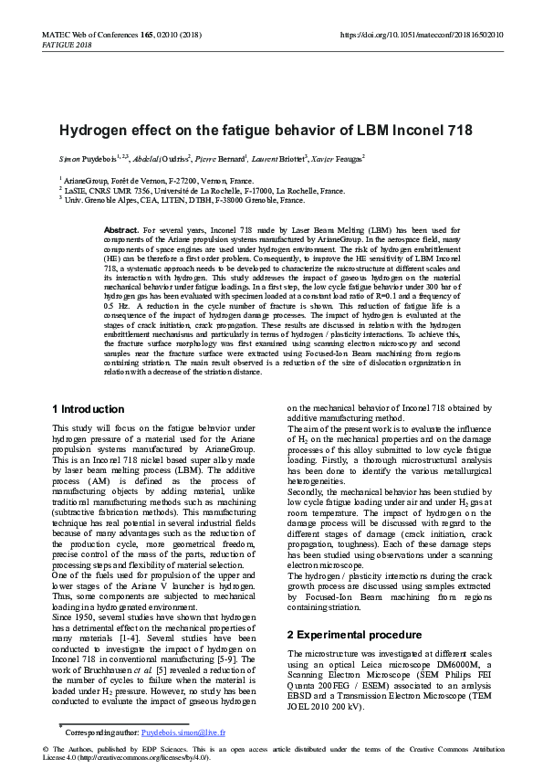 (PDF) Hydrogen effect on the fatigue behavior of LBM Inconel 718