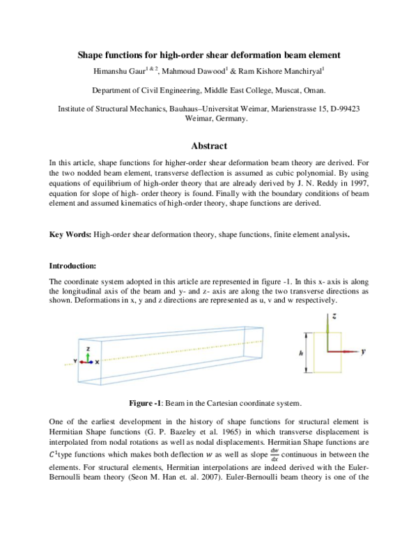 (PDF) Shape functions for high-order shear deformation beam element