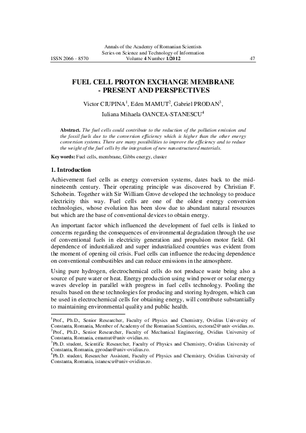 (PDF) Fuel Cell Proton Exchange Membrane-Present and Perspectives