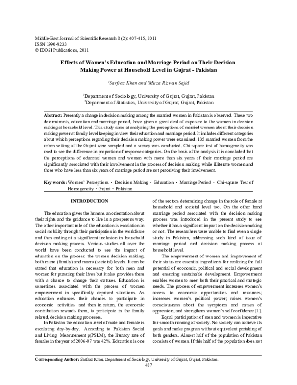 (PDF) Effects of Women's Education and Marriage Period on Their ...