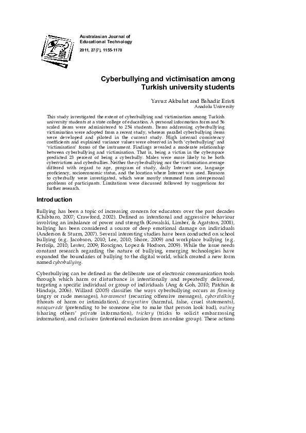 (PDF) Cyberbullying and victimisation among Turkish university students