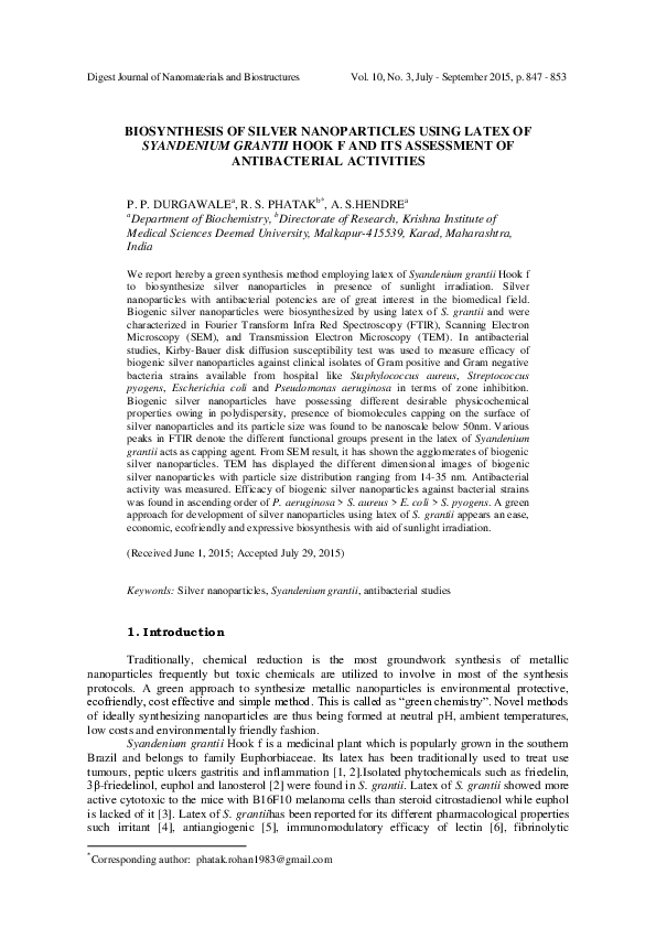 (PDF) Biosynthesis of Silver Nanoparticles Using Latex from Few ...
