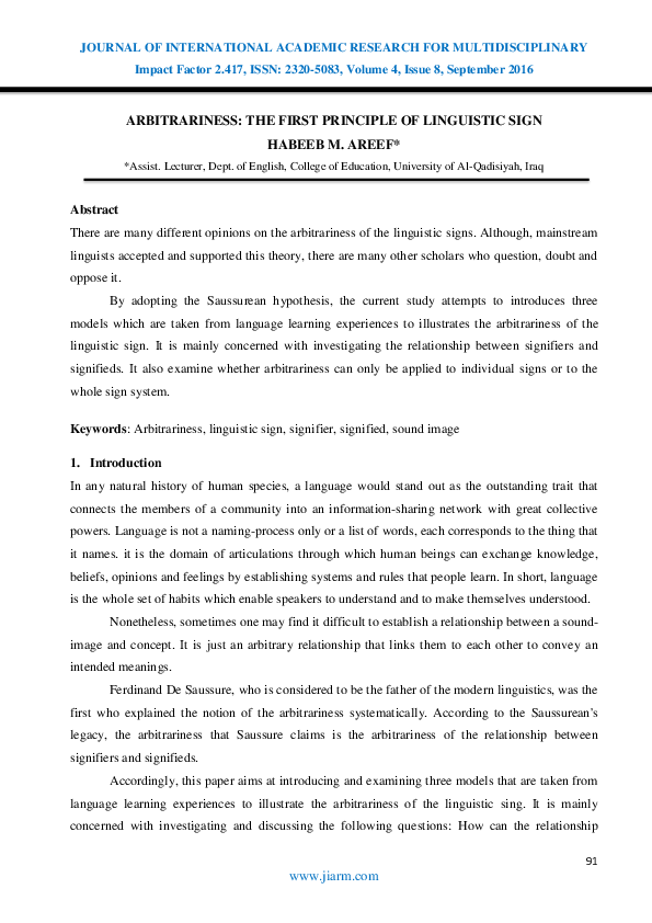 (PDF) Arbitrariness: The First Principle of Linguistic Sign
