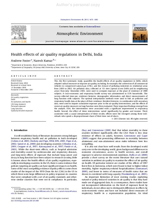 (PDF) Health effects of air quality regulations in Delhi, India