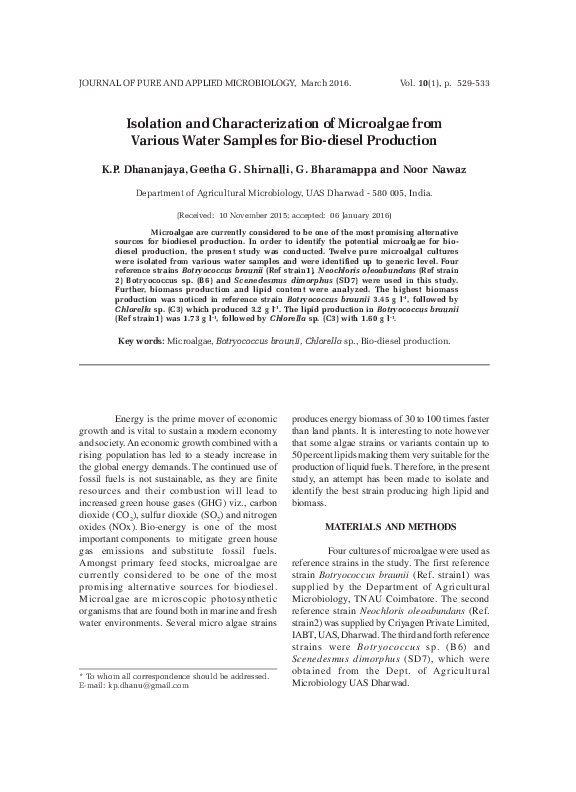 (PDF) Isolation and Characterization of Microalgae from Various Water ...