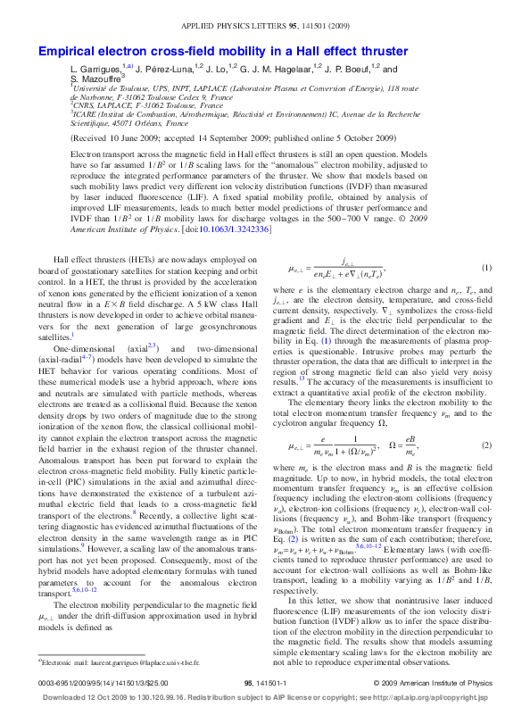 (PDF) Empirical electron cross-field mobility in a Hall effect thruster