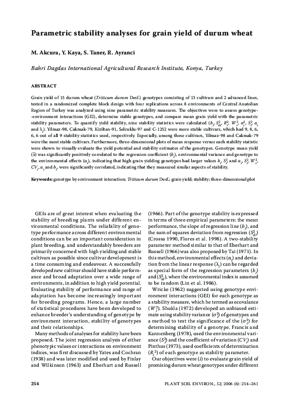 (PDF) Parametric stability analyses for grain yield of durum wheat