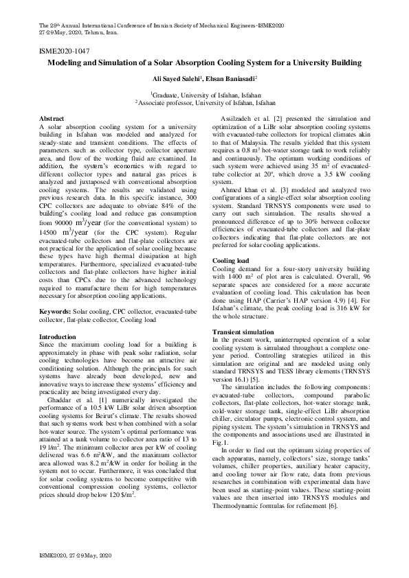 (PDF) Modeling and Simulation of a Solar Absorption Cooling System for ...