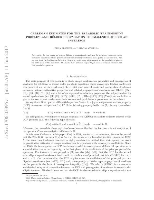 (PDF) Carleman estimates for the parabolic transmission problem and ...