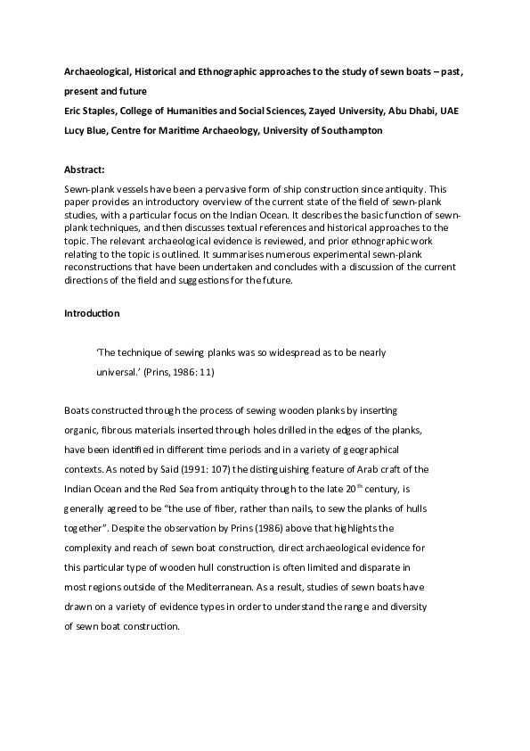  DOC Archaeological Historical And Ethnographic Approaches To The Study Of Sewn Boats Past 