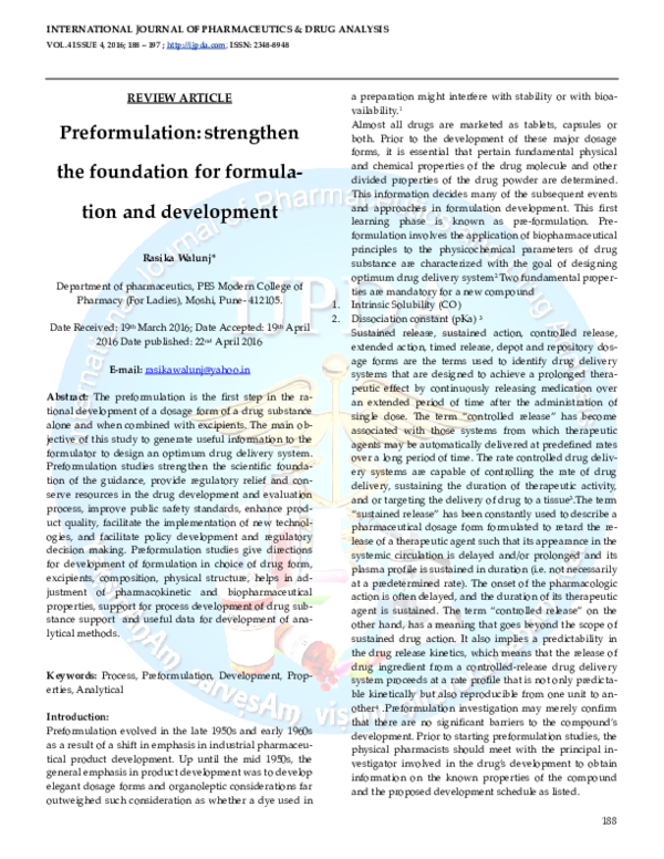 (PDF) Preformulation: strengthen the foundation for formula-tion and ...