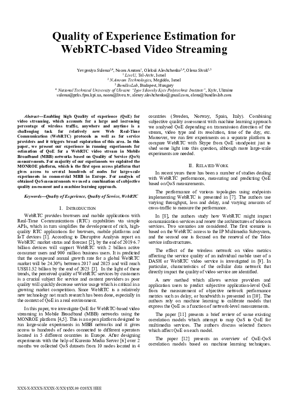(PDF) Quality Of Experience Estimation For Webrtc-Based Video Streaming
