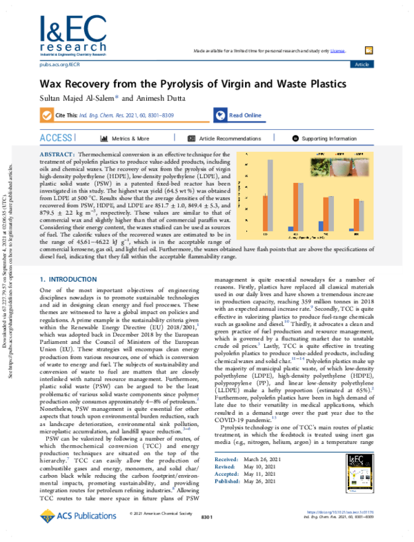 (PDF) Wax Recovery from the Pyrolysis of Virgin and Waste Plastics