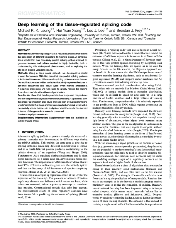 (PDF) Deep learning of the tissue-regulated splicing code