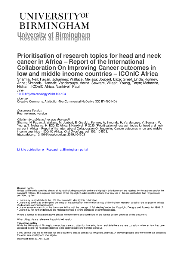 (PDF) Prioritisation of research topics for head and neck cancer in ...