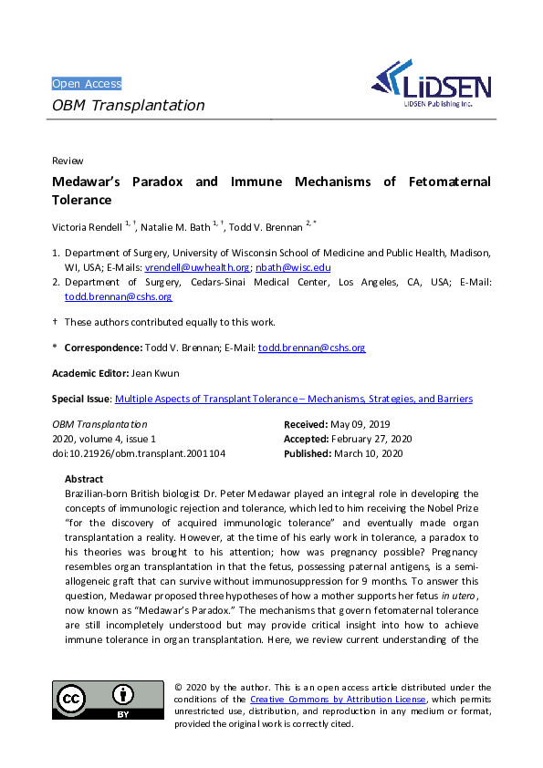 (PDF) Medawar's Paradox and Immune Mechanisms of Fetomaternal Tolerance