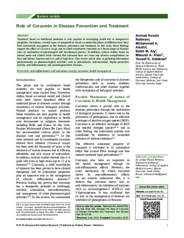 (PDF) Role of Curcumin in Disease Prevention and Treatment