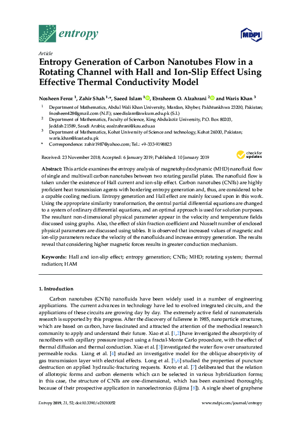 (PDF) Entropy Generation of Carbon Nanotubes Flow in a Rotating Channel ...