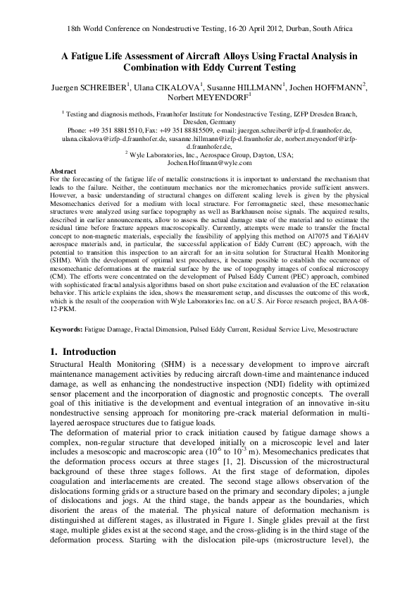 (PDF) A Fatigue Life Assessment of Aircraft Alloys Using Fractal ...