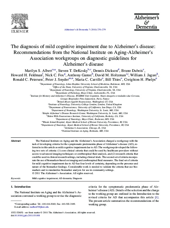 (PDF) The diagnosis of mild cognitive impairment due to Alzheimer’s ...