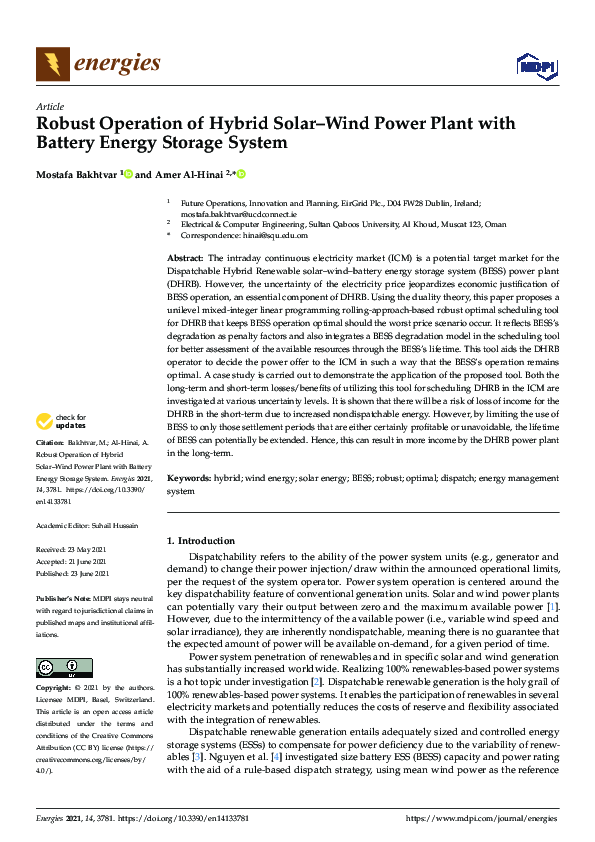 (PDF) Robust Operation of Hybrid Solar–Wind Power Plant with Battery ...