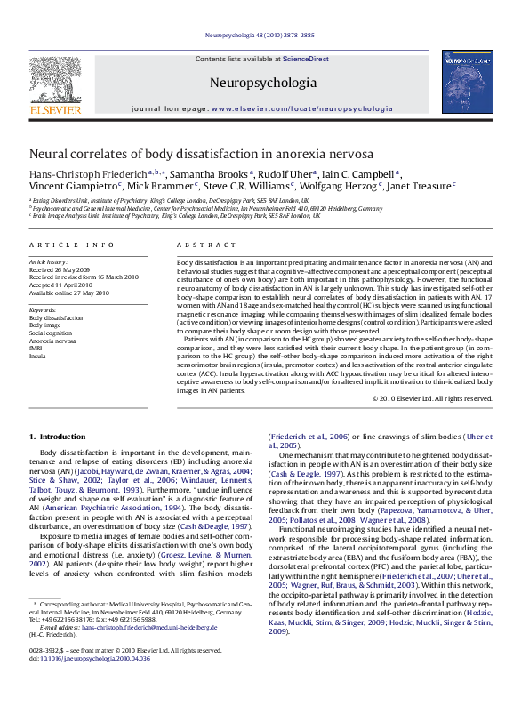 (PDF) Neural correlates of body dissatisfaction in anorexia nervosa