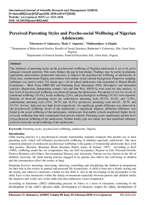 (PDF) Perceived Parenting Styles and Psycho-social Wellbeing of ...