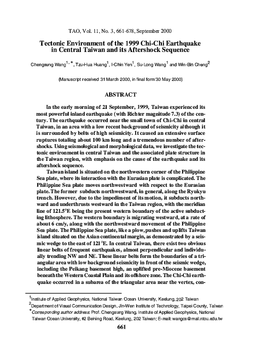 (PDF) Tectonic Environment of the 1999 Chi-Chi Earthquake in Central ...