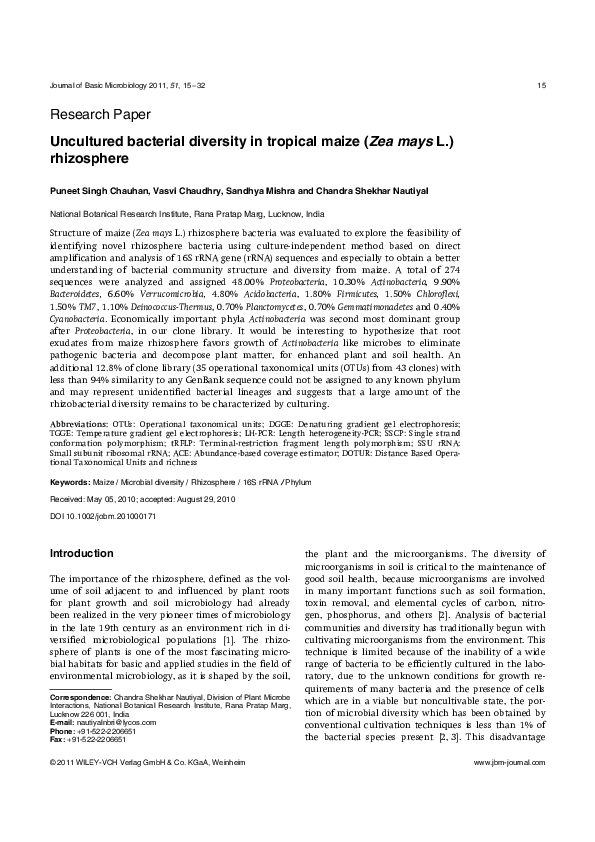 (PDF) Uncultured bacterial diversity in tropical maize (Zea mays L ...
