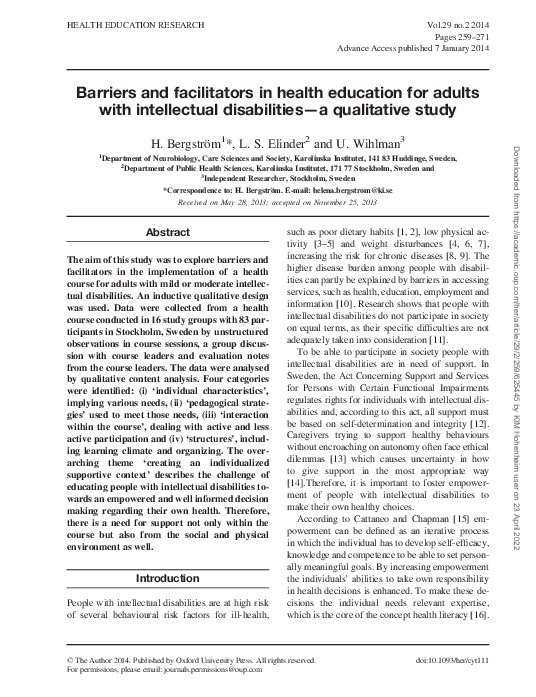 (PDF) Barriers and facilitators in health education for adults with ...