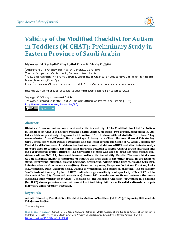 (PDF) Validity of the Modified Checklist for Autism in Toddlers (M-CHAT ...