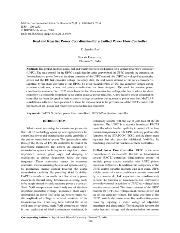 (PDF) Real and Reactive Power Coordination for a Unified Power Flow