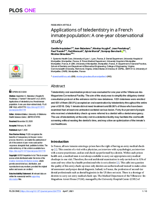 (PDF) Applications of teledentistry in a French inmate population: A ...