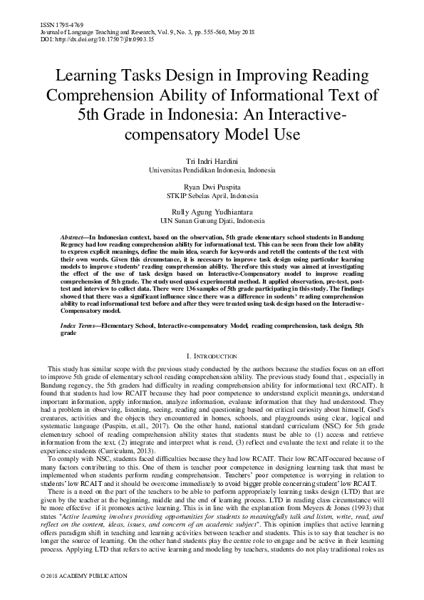 (PDF) Learning Tasks Design in Improving Reading Comprehension Ability ...