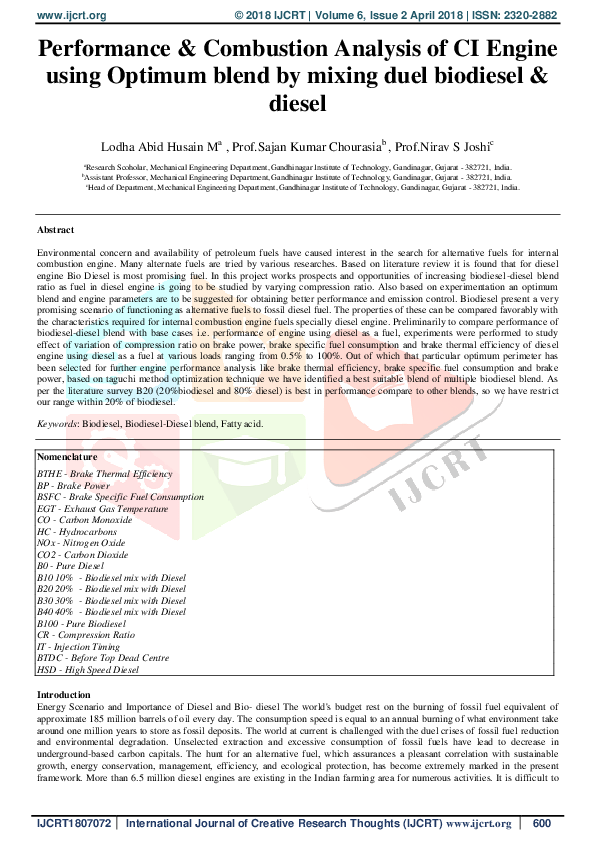 (PDF) Performance & Combustion Analysis of CI Engine using Optimum ...