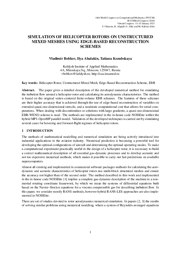 (PDF) Simulation of Helicopter Rotors On Unstructured Mixed Meshes ...